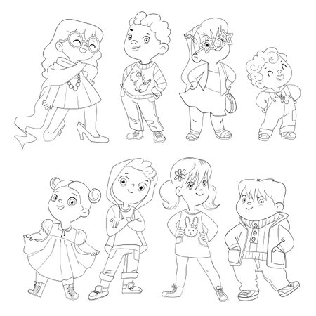 Fashion children. Funny cartoon character. Vector illustration. Isolated on white background. Coloring bookのイラスト素材