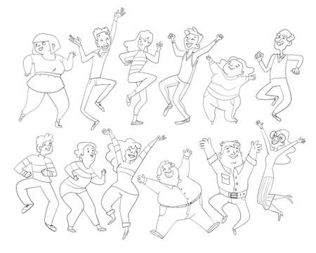 Dancing people. Group of people jumping up with raised hands men and women having fun or celebrating success. Coloring book. Cartoon characters. Funny vector illustration. Isolated on white backgroundのイラスト素材
