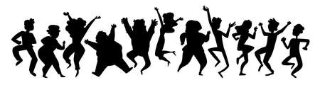 Black silhouettes dancing people. Group of people jumping up with raised handsのイラスト素材