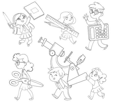 Little children holding big school stationery. Coloring bookのイラスト素材