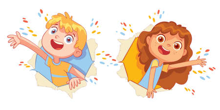 Children look through a torn paper holeのイラスト素材