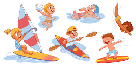 Water sports with children. Surfing. Swimming. Sailing. Divingのイラスト素材