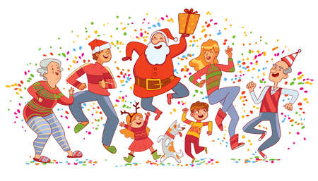 Big family celebrates Christmas with Santa and have fun dancing togetherのイラスト素材