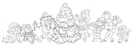 Group of small children decorate Christmas tree. Coloring bookのイラスト素材