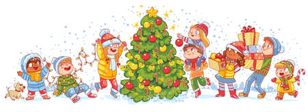 Group of small children decorate Christmas tree outsideのイラスト素材
