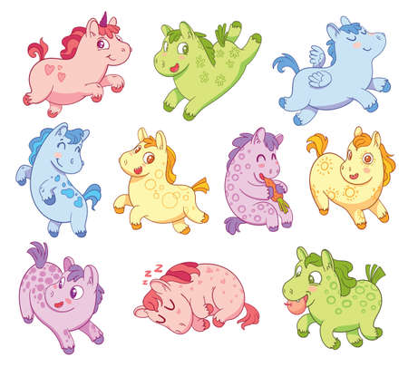 Cute little ponies. Funny cartoon character. Setのイラスト素材