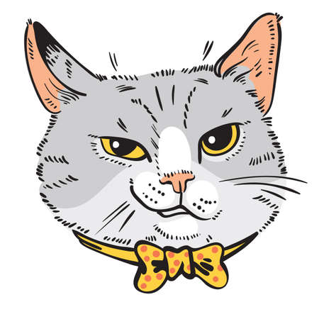 Cat smirk. Feline grin. Cat drawing. Portrait of cat with bow tieのイラスト素材