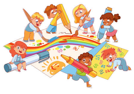 Children draw together using art suppliesのイラスト素材