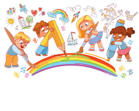 Children draw together using art suppliesのイラスト素材