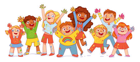 Kids hands up in colorful paint. Group of multi ethnic friendsのイラスト素材