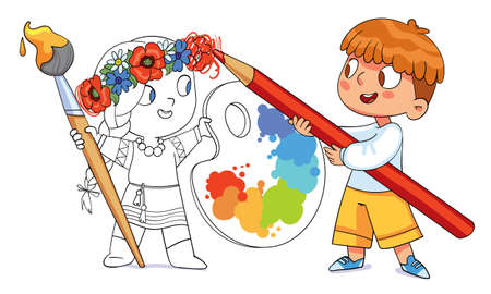 Boy paints girl with a big magic pencilのイラスト素材