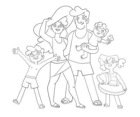 Family on vacation. Black and white cartoon charactersのイラスト素材