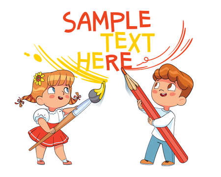 Girl and Boy write big text on the wall. Colorful cartoon charactersのイラスト素材