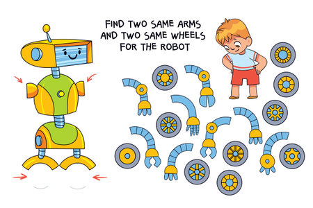Kids puzzle. Find two same arms and two same wheels for the robotのイラスト素材
