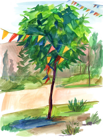 Watercolor sketch of a city park. Landscape With Trees. Freehand drawingの写真素材