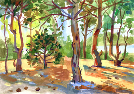 Landscape With Trees. Drawing with watercolorの写真素材