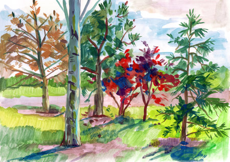 Landscape With Trees. Drawing with watercolorの写真素材