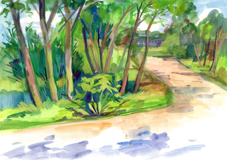 Watercolor sketch of a city park. Landscape. Freehand drawingの写真素材