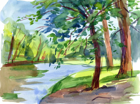 Watercolor sketch of a city park. Landscape With Trees. Freehandの写真素材