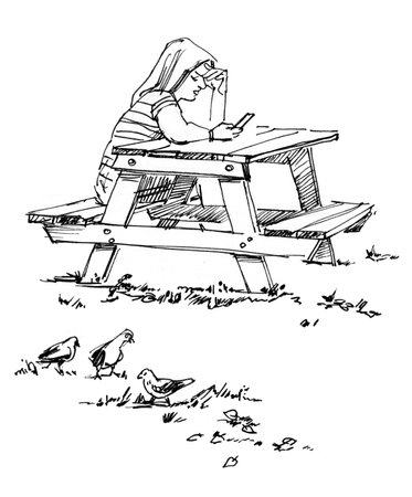 Outline sketches of a woman sitting on a park bench. Freehand drawing with linerの写真素材