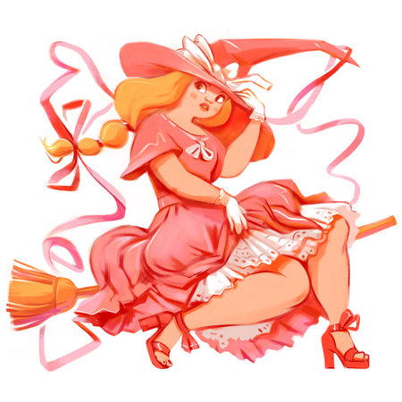Glamorous little witch on a broomstick. Funny cartoon character. Isolated on white backgroundの写真素材