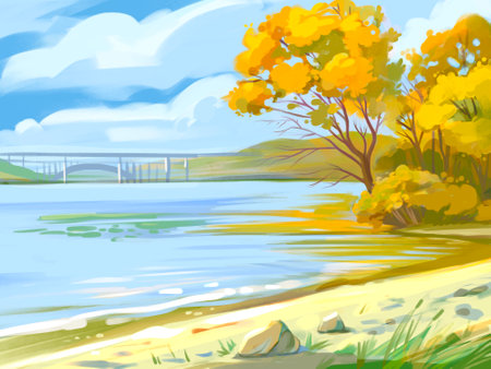 River bank with a bridge and a tree in the background. Hand-drawnの写真素材