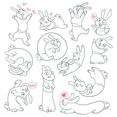 Set of funny rabbits in knitted sweaters. Black and white cartoon charactersのイラスト素材