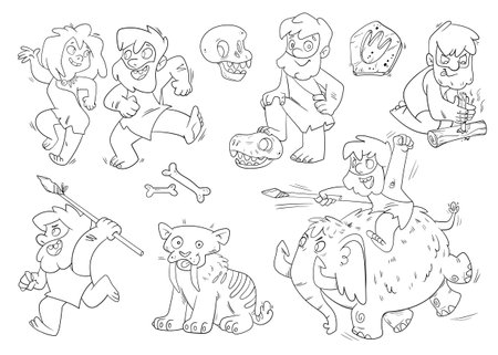 Prehistoric people. Stone age life. Black and white cartoon charactersのイラスト素材
