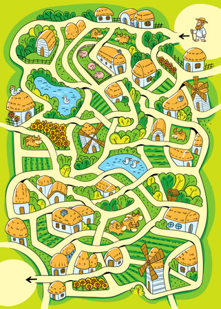 Kids maze puzzle. Help to get to the goal along the tangled roads in the villageのイラスト素材