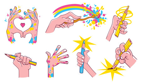 Artist Hands. Different hand gestures. Set of motivational stickersのイラスト素材