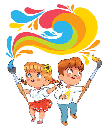 Boy and girl painting a big colorful splash with a brushのイラスト素材