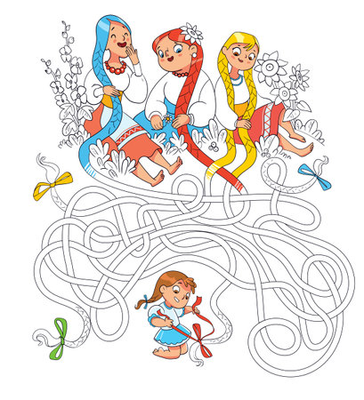 Kids maze puzzle. Cartoon characters. Funny vector illustration. Isolated on white backgroundのイラスト素材