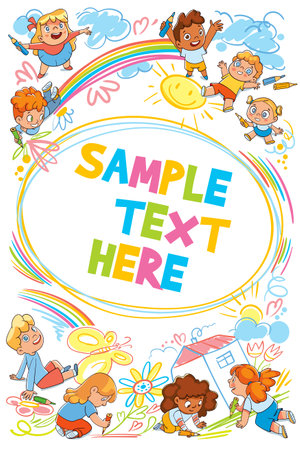 Cover for coloring book or kids poster. Children draw scribbles on the floor and wall with colored crayonsのイラスト素材