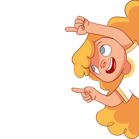 Girl is pointing her finger somewhere in the direction of. Template for children designのイラスト素材
