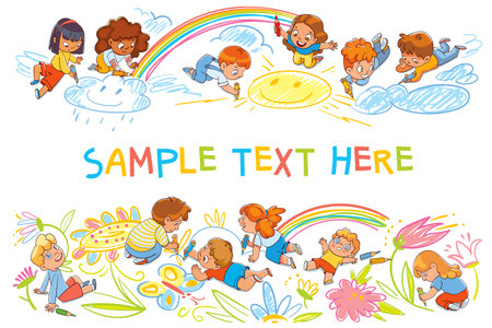 Kids template for your design. Children draw scribbles on the floor and wall with colored crayonsのイラスト素材