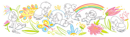 Black and white children draw scribbles on the floor and wall with colored crayons. Coloring bookのイラスト素材
