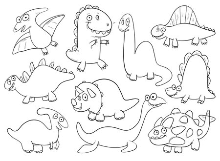 Set of cute dinosaurs. Black and white cartoon charactersのイラスト素材