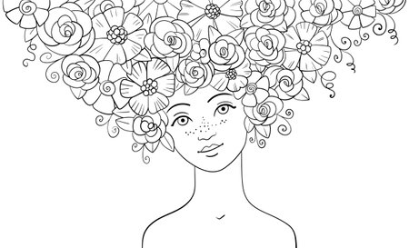 Girl with flowers in her hair. Black and white drawingのイラスト素材