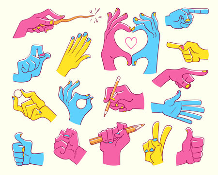Various gestures of differently colored hands. Set of cartoon vector illustrationsのイラスト素材