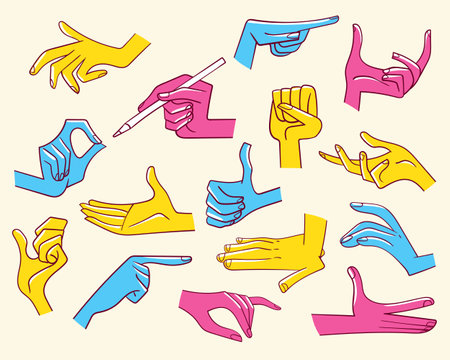 Various gestures of differently colored hands. Set of cartoon vector illustrationsのイラスト素材