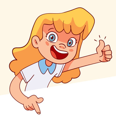 Girl points her finger at the empty poster. Template for children designのイラスト素材