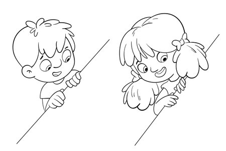 Child holding a sheet of paper. Black and white cartoon charactersのイラスト素材