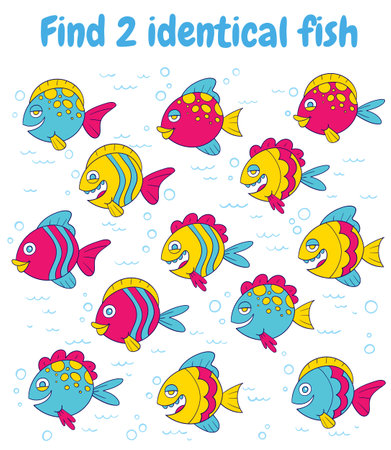 Find two identical fish. Educational game for childrenのイラスト素材