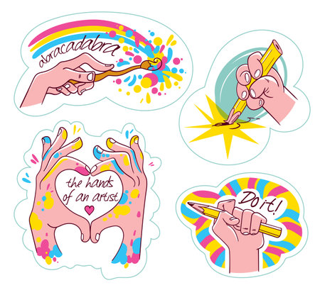 Artist Hands. Different hand gestures. Set of motivational stickersのイラスト素材
