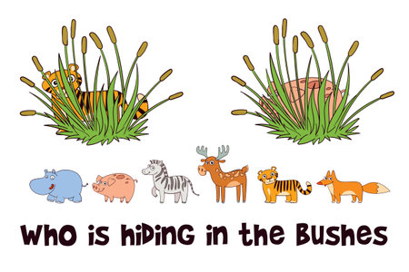 What animal is hiding in the bush. Educational game for childrenのイラスト素材