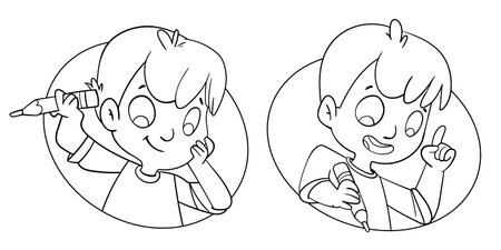 Boy wondered, searching for an answer. And Boy found solution. Template for children designのイラスト素材