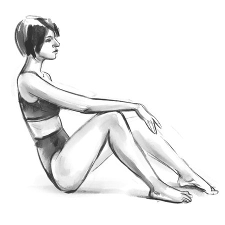Outline sketch of the figure of a young woman. Freehand drawing with pencilの写真素材