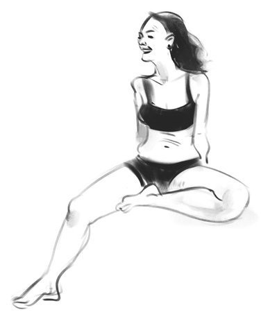 Outline sketch of the figure of a young woman from nature. Freehand drawing with pencilの写真素材