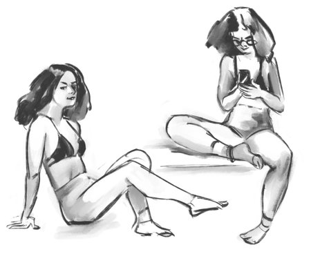 Outline sketch of the figure of a young woman. Freehand drawing with pencilの写真素材