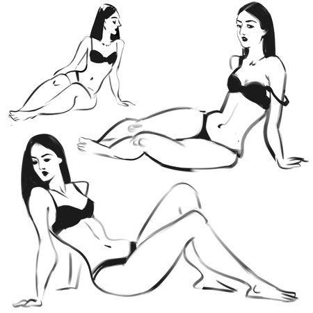 Outline sketch of the figure of a young woman from nature. Freehand drawing with pencilの写真素材
